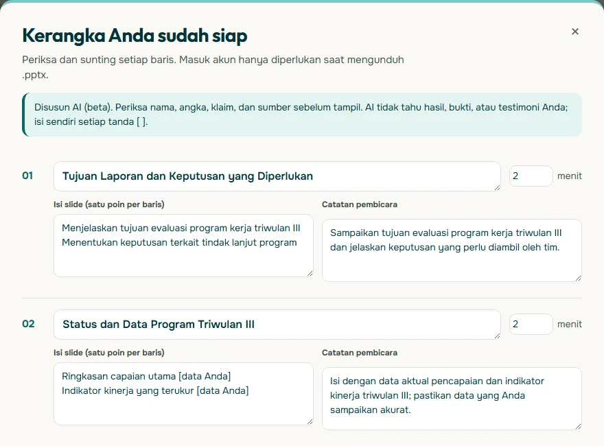 Tangkapan layar jendela Kerangka Anda sudah siap di Soluslide berisi slide 1 sampai 3 tentang laporan evaluasi program kerja triwulan III, masing-masing dengan judul, durasi 2 menit, isi slide, dan catatan pembicara