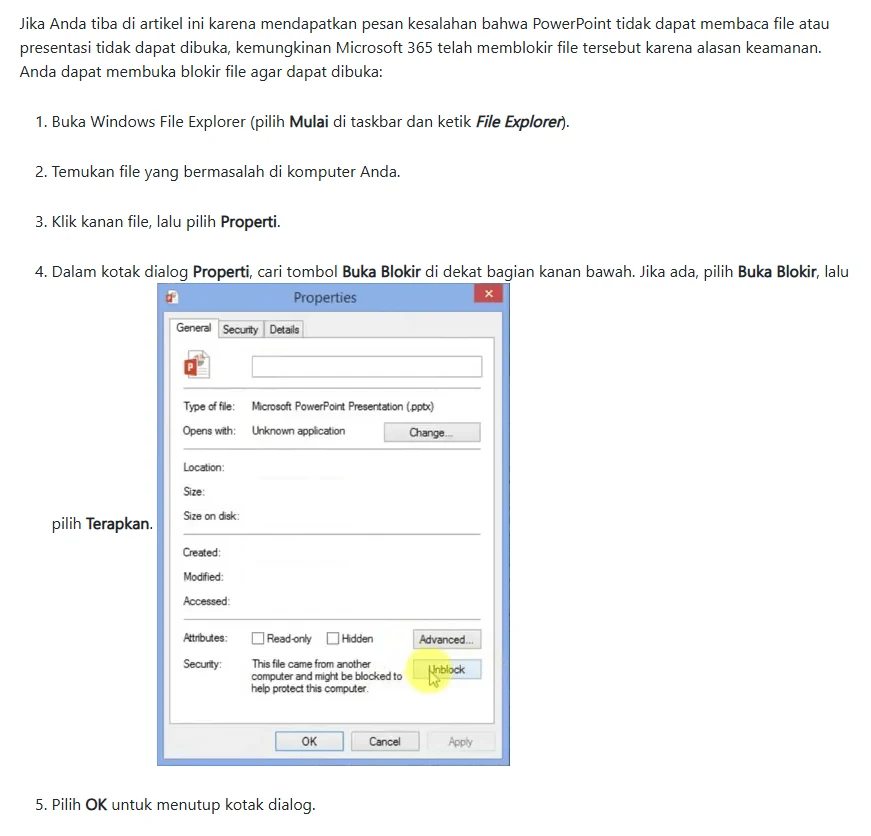 Tangkapan layar halaman Microsoft Support berbahasa Indonesia berisi langkah membuka blokir berkas PowerPoint, dengan gambar kotak dialog Properties dan tombol Unblock yang disorot