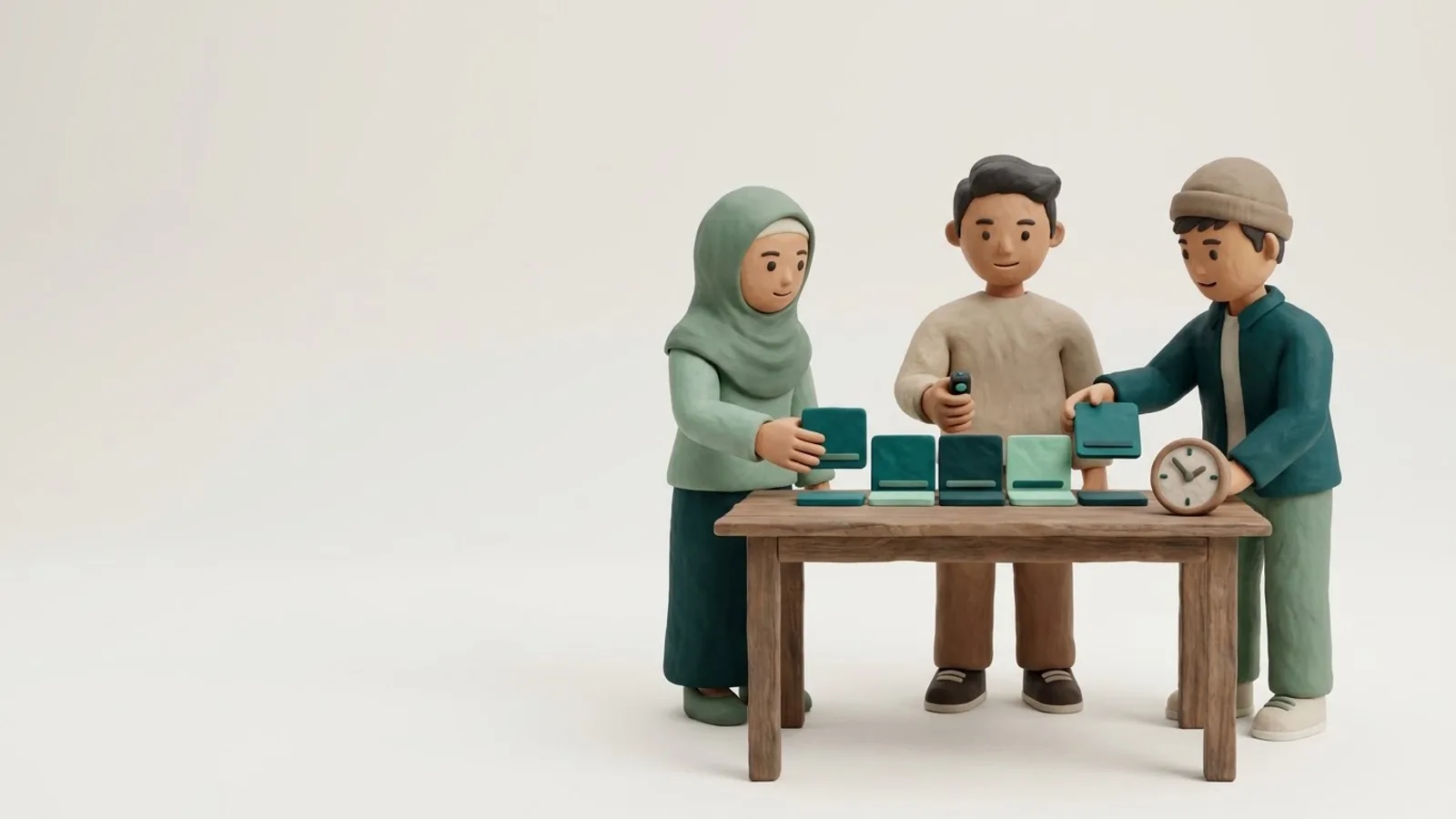 Clay illustration of three university students, one wearing a hijab, standing around a wooden table and arranging teal slide tiles in a single row, one holding a presentation clicker, with a round desk clock nearby