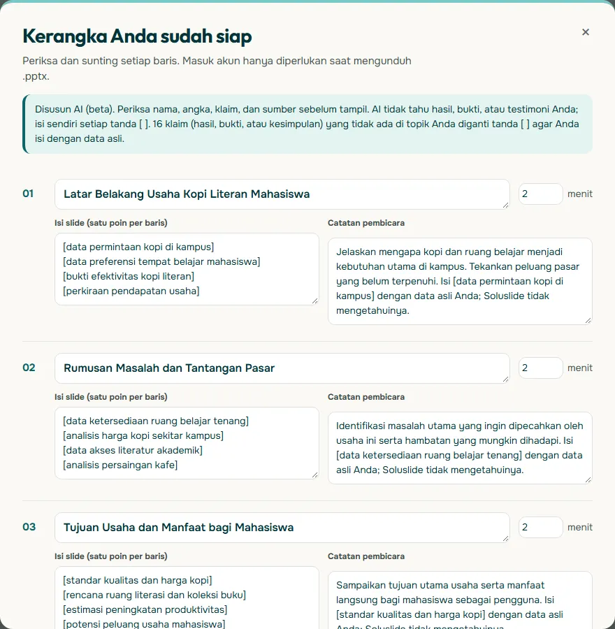 Tangkapan layar modal Kerangka Anda sudah siap di Soluslide untuk topik rencana usaha kopi literan mahasiswa, menampilkan slide 1 sampai 3 dengan judul, isi bertanda kurung siku untuk data asli, catatan pembicara, dan kolom menit