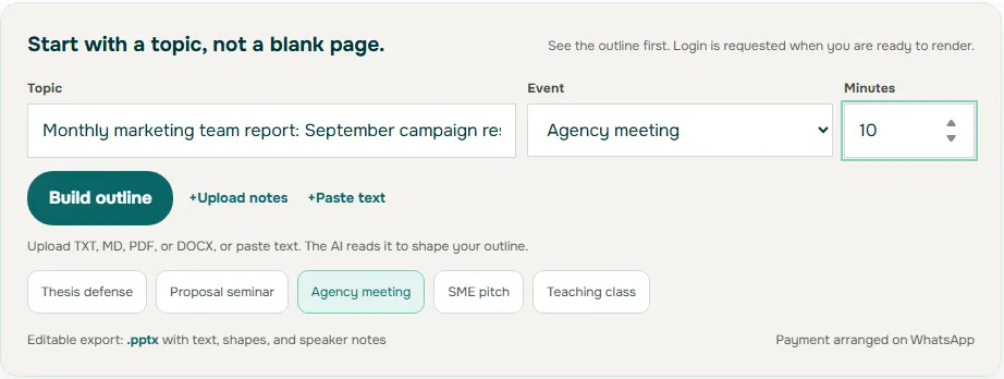 Screenshot of the Soluslide Start with a topic form filled with a monthly marketing team report topic, the Agency meeting event, 10 minutes, a Build outline button, and the note that the editable pptx export includes text, shapes and speaker notes