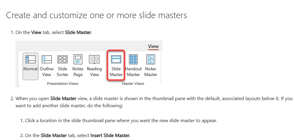 Screenshot of the Microsoft Support page Customize a slide master showing step 1, select Slide Master on the View tab with the ribbon button highlighted, and step 2 on inserting another slide master