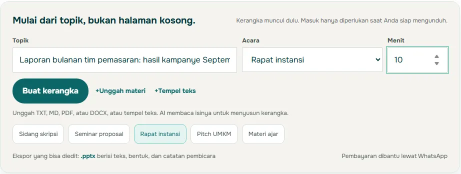 Tangkapan layar formulir Mulai dari topik di Soluslide berisi topik laporan bulanan tim pemasaran, acara Rapat instansi, durasi 10 menit, tombol Buat kerangka, dan keterangan ekspor pptx yang bisa diedit