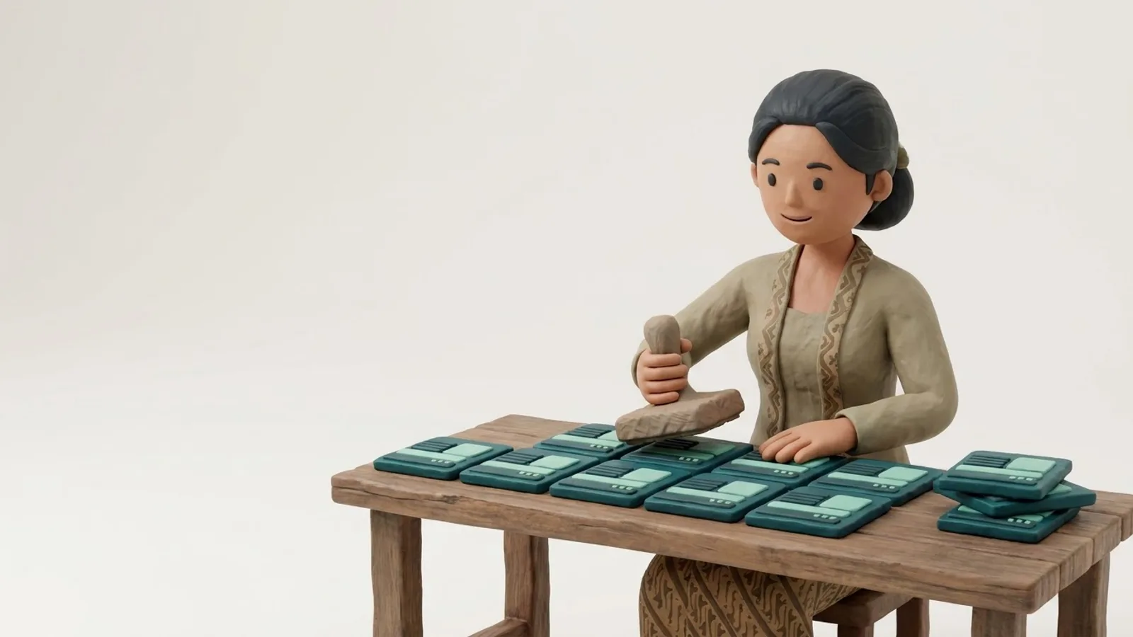 Clay illustration of a woman at a wooden table pressing a large stamp onto a row of identical teal slide tiles, each receiving the same header bar and content block, with a stack of finished tiles beside her