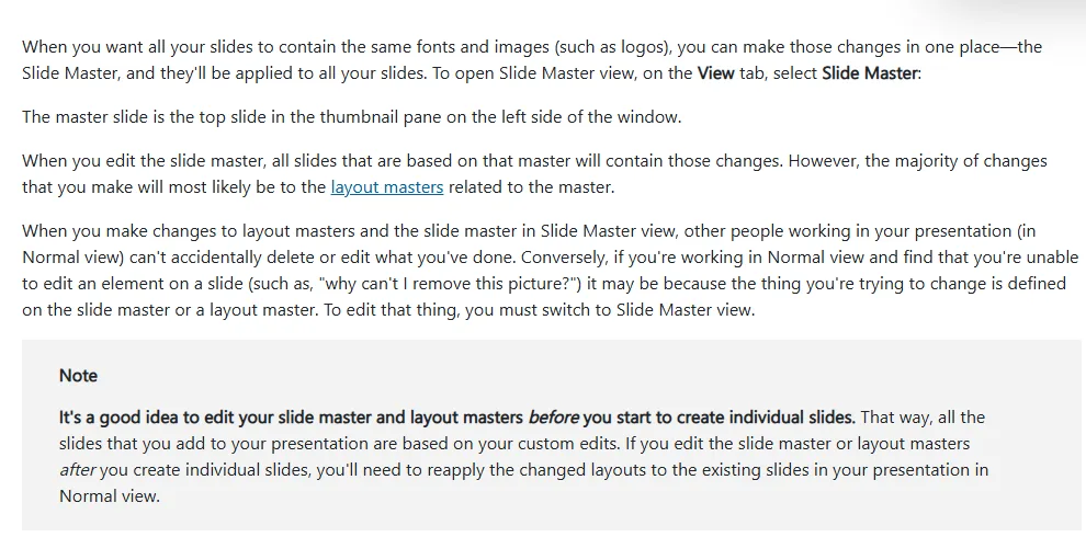 Tangkapan layar halaman Microsoft Support What is a slide master in PowerPoint yang menjelaskan bahwa font dan gambar yang sama cukup diatur di Slide Master, cara membukanya dari tab View, dan catatan agar master diedit sebelum membuat slide