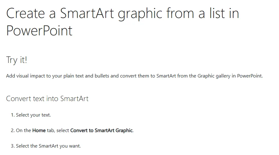 Screenshot of the Microsoft Support page Create a SmartArt graphic from a list in PowerPoint, showing the Convert text into SmartArt section with three steps: select your text, on the Home tab select Convert to SmartArt Graphic, and select the SmartArt you want