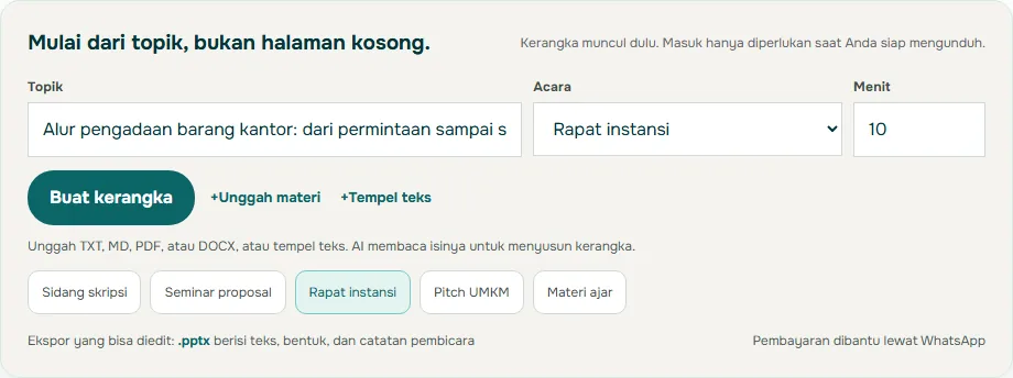 Tangkapan layar formulir Mulai dari topik di Soluslide berisi topik alur pengadaan barang kantor dari permintaan sampai serah terima, acara Rapat instansi, durasi 10 menit, tombol Buat kerangka, dan keterangan ekspor pptx yang bisa diedit