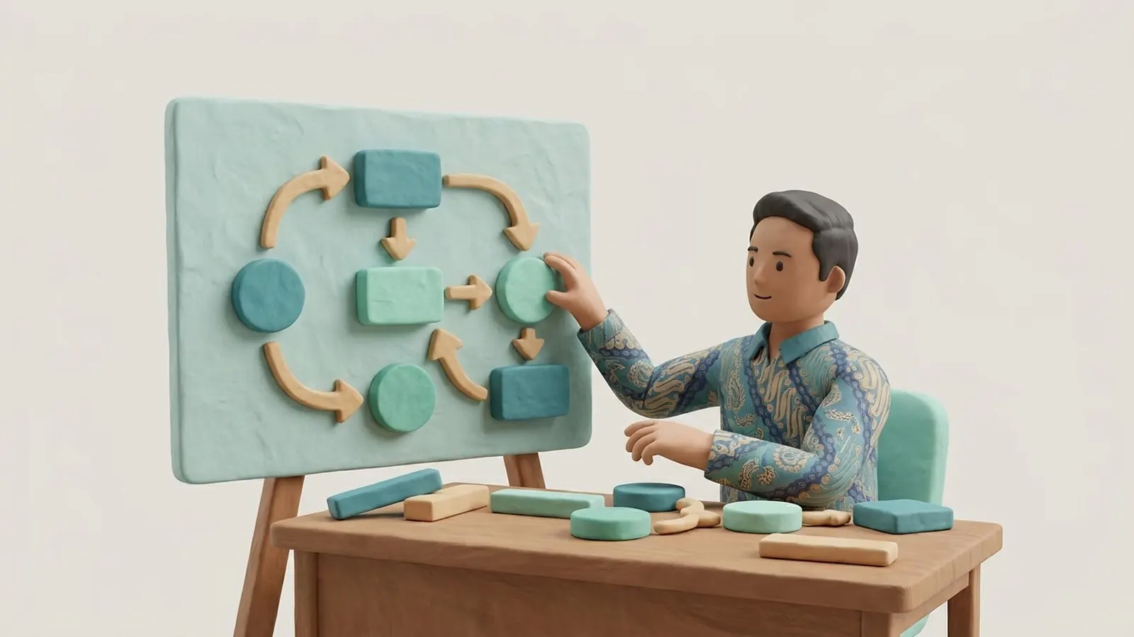 Clay illustration of a man in a batik shirt at a wooden desk arranging chunky clay shapes joined by clay arrows into a flowchart on a presentation board, while loose bullet-like bars on the desk turn into connected circles and boxes