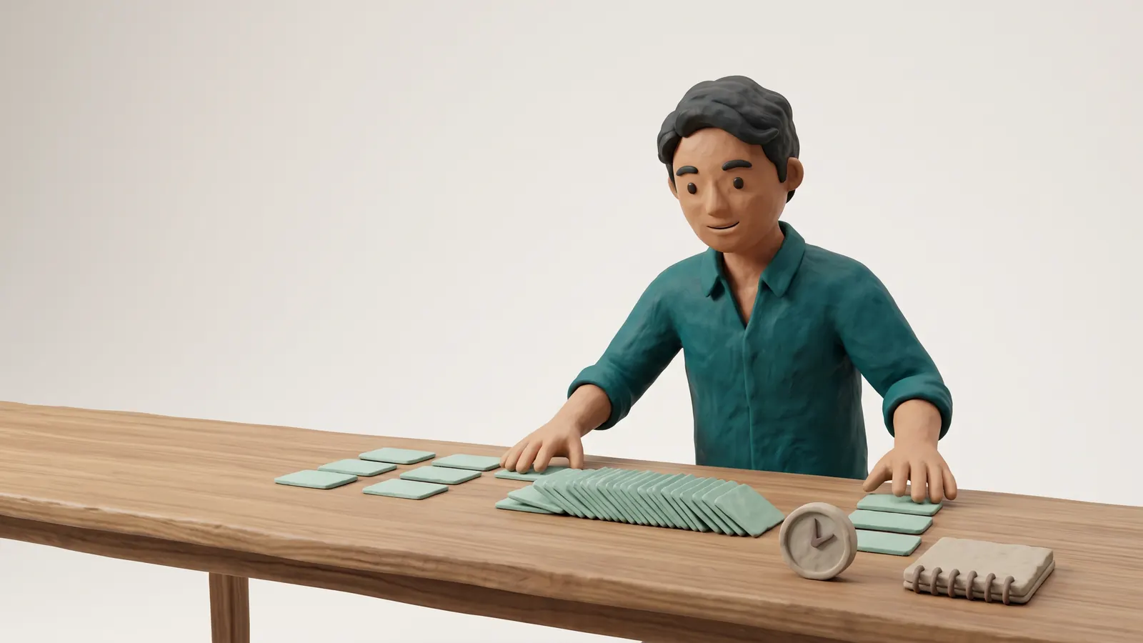 Clay-style illustration of a presenter at a long wooden table arranging blank slide cards into three groups, a short group on the left, a long overlapping row in the middle, and a short stack on the right, with a small clock and a spiral notebook beside them