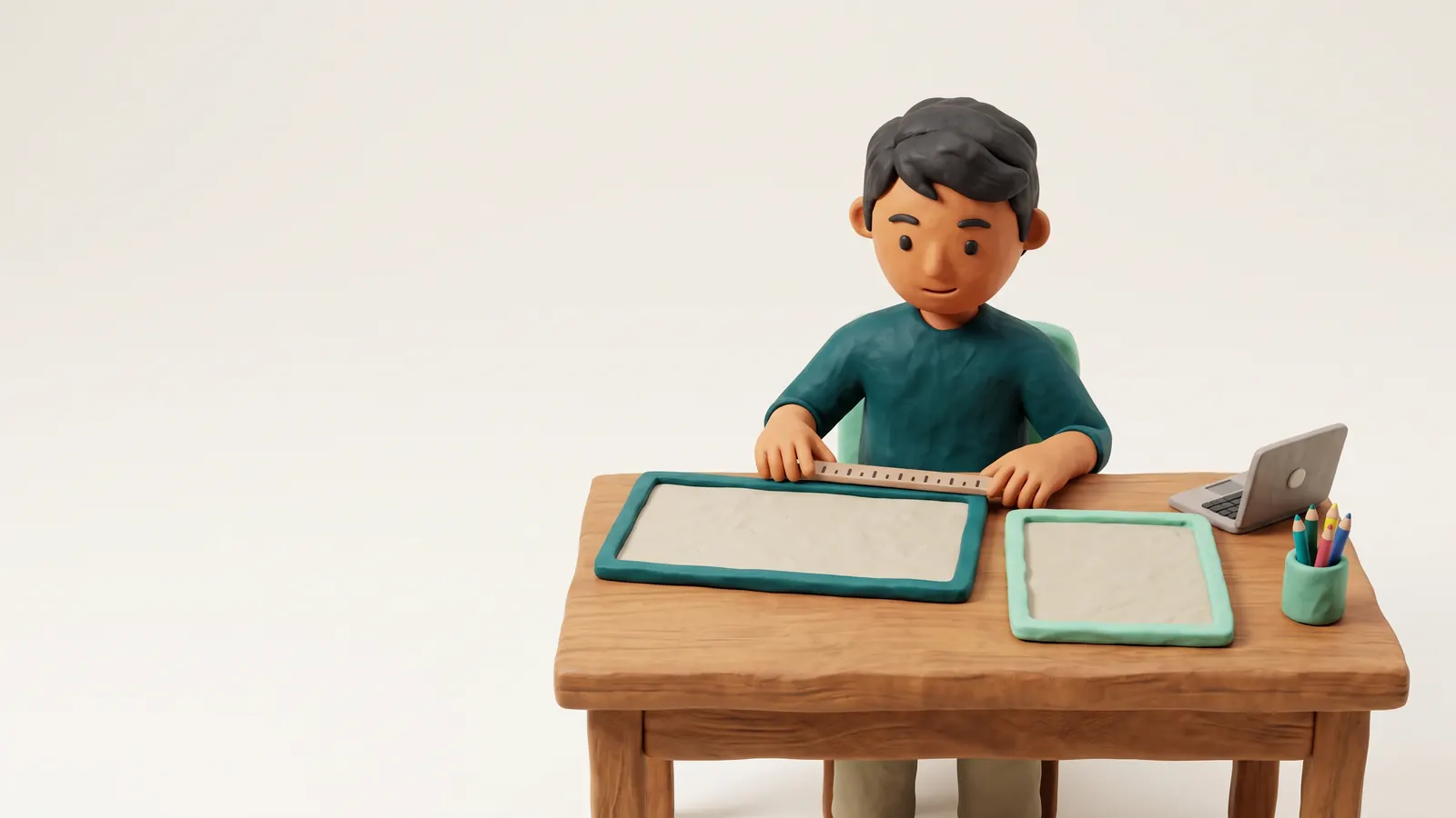 Clay-style illustration of a young man at a wooden desk measuring a wide blank board with a ruler, next to a second, squarer blank board, with a small laptop and a cup of colored pencils on the desk