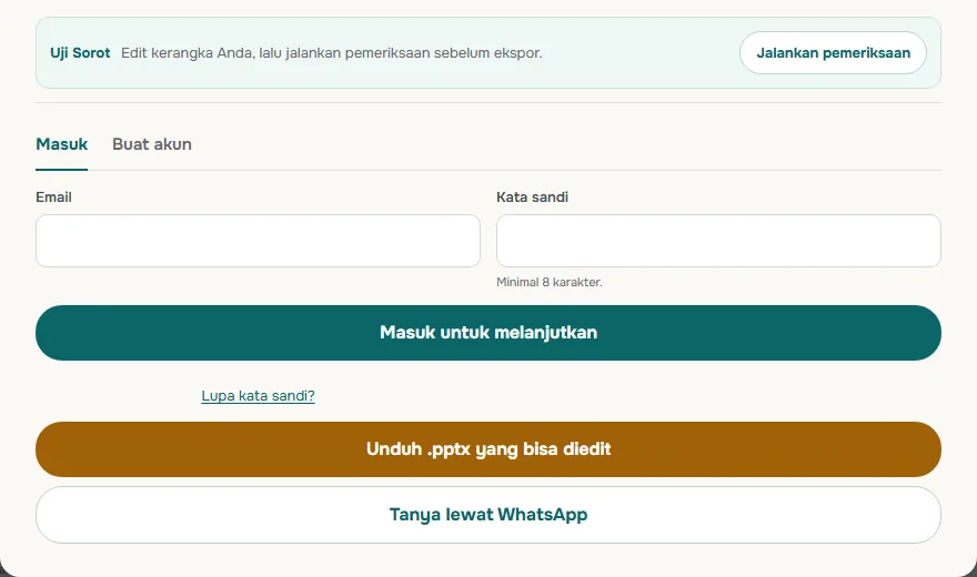 Tangkapan layar bagian bawah modal kerangka di Soluslide: kotak Uji Sorot dengan tombol Jalankan pemeriksaan, formulir Masuk dengan kolom email dan kata sandi yang masih kosong, tombol Masuk untuk melanjutkan, tombol Unduh .pptx yang bisa diedit, dan tombol Tanya lewat WhatsApp